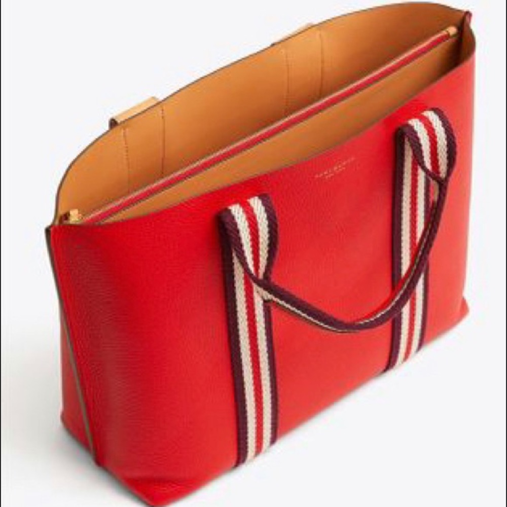 Authentic TORY BURCH LOGO stripe Leather Tote - Picture 12 of 16